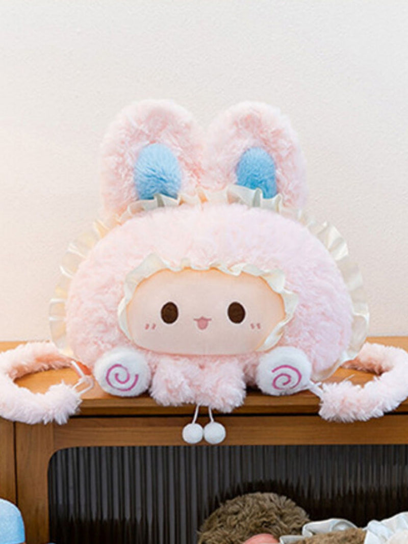 pink plush bunny backpack front view