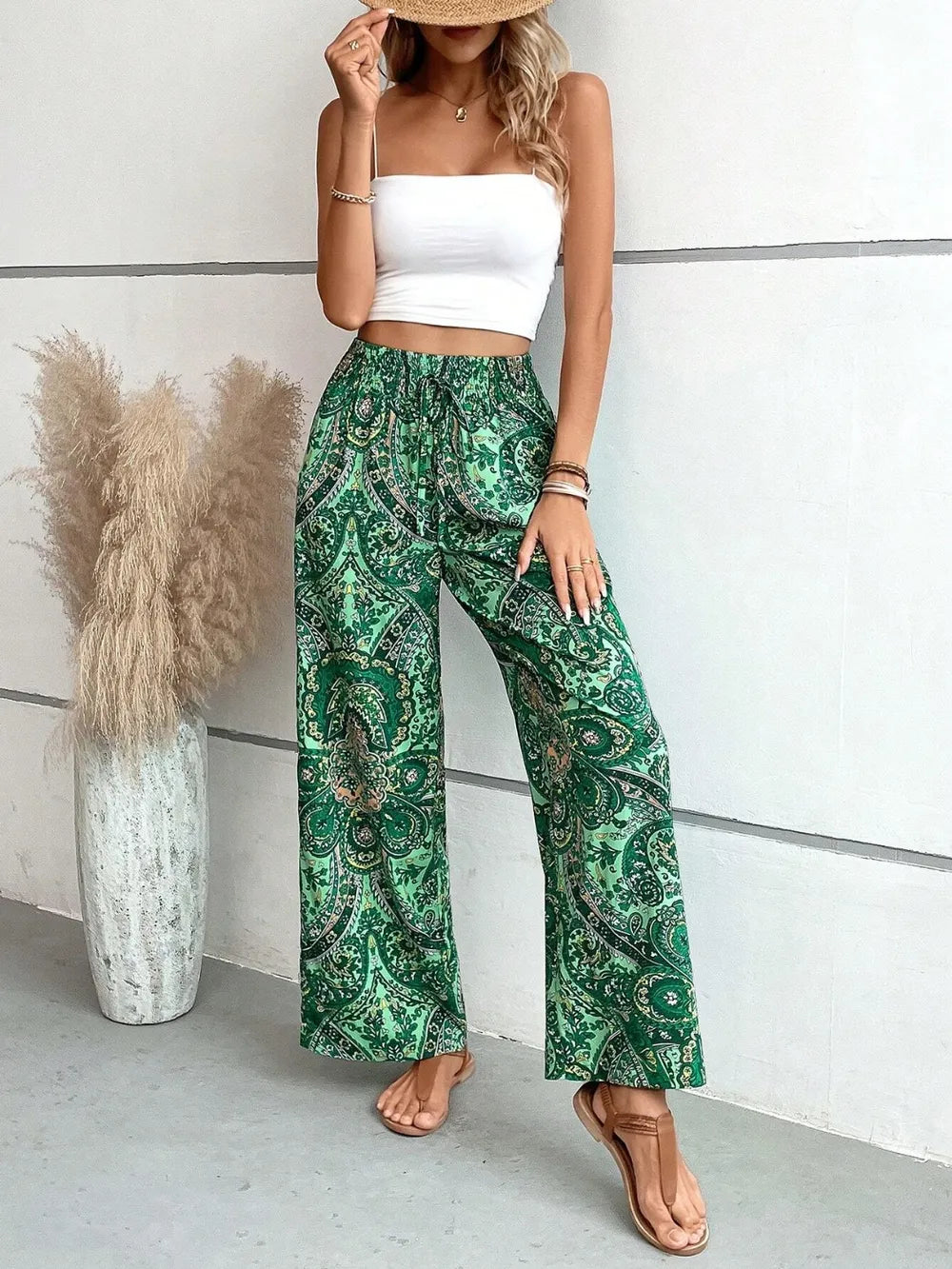 Printed tie waist wide leg pants hem detail