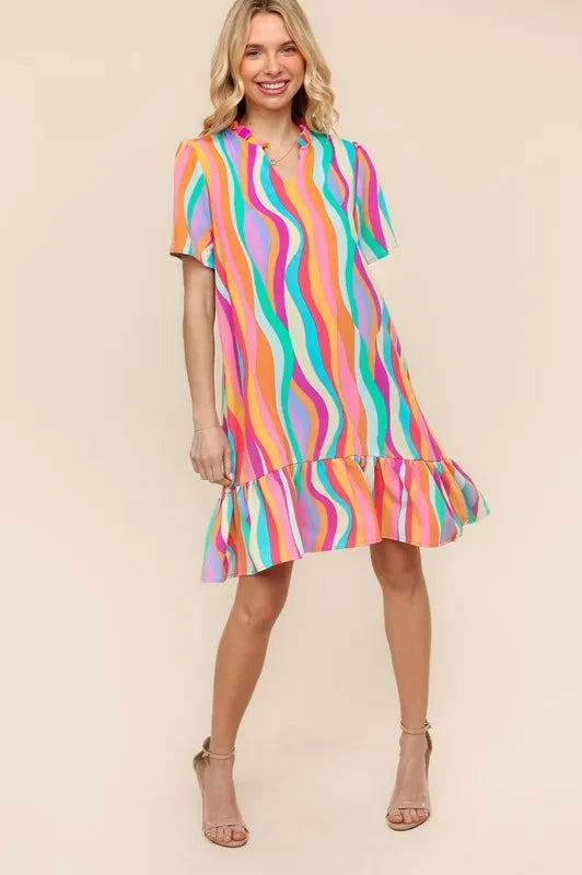 Tiered Woven Ruffle Hem Dress in Multi Color detail