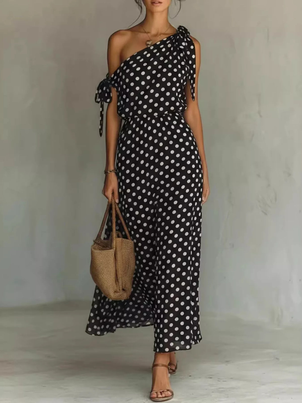 Polka dot one-shoulder maxi dress front view