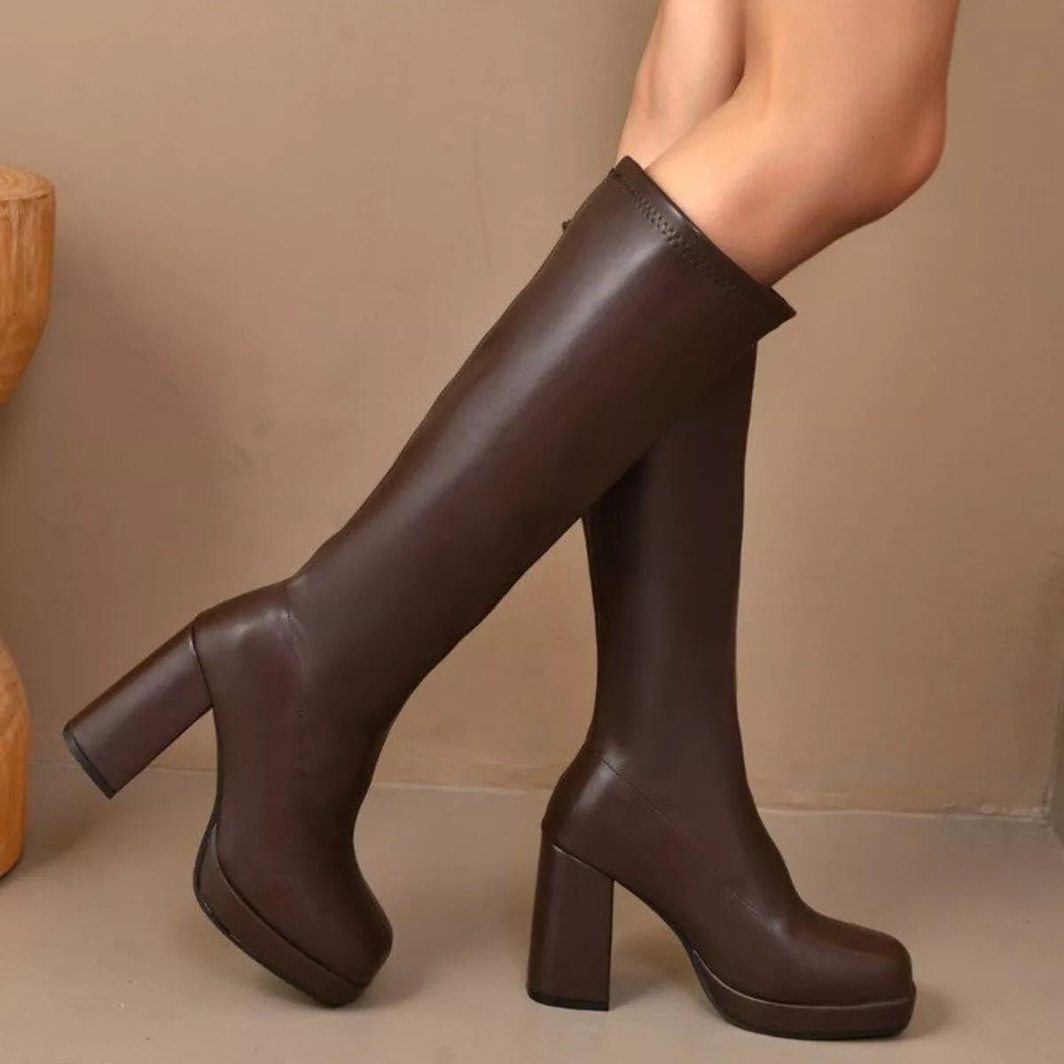 Brown square toe block heel boots top styling detail