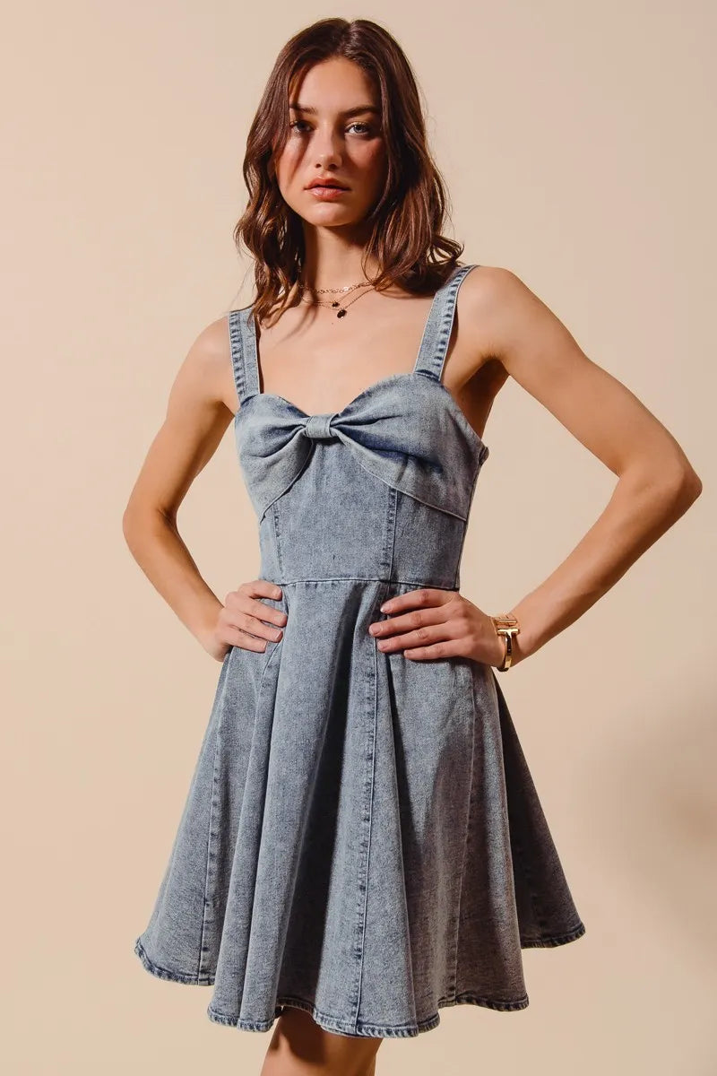 SO ME Mineral Washed Bow Ribbon Denim Flare Dress - Fashorio