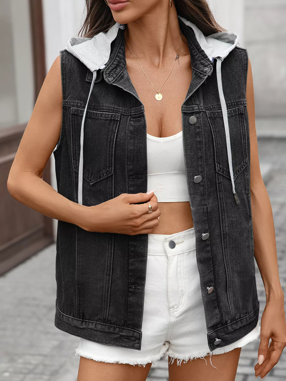 Removable Hood Sleeveless Denim Vest in Dusty Blue view 7