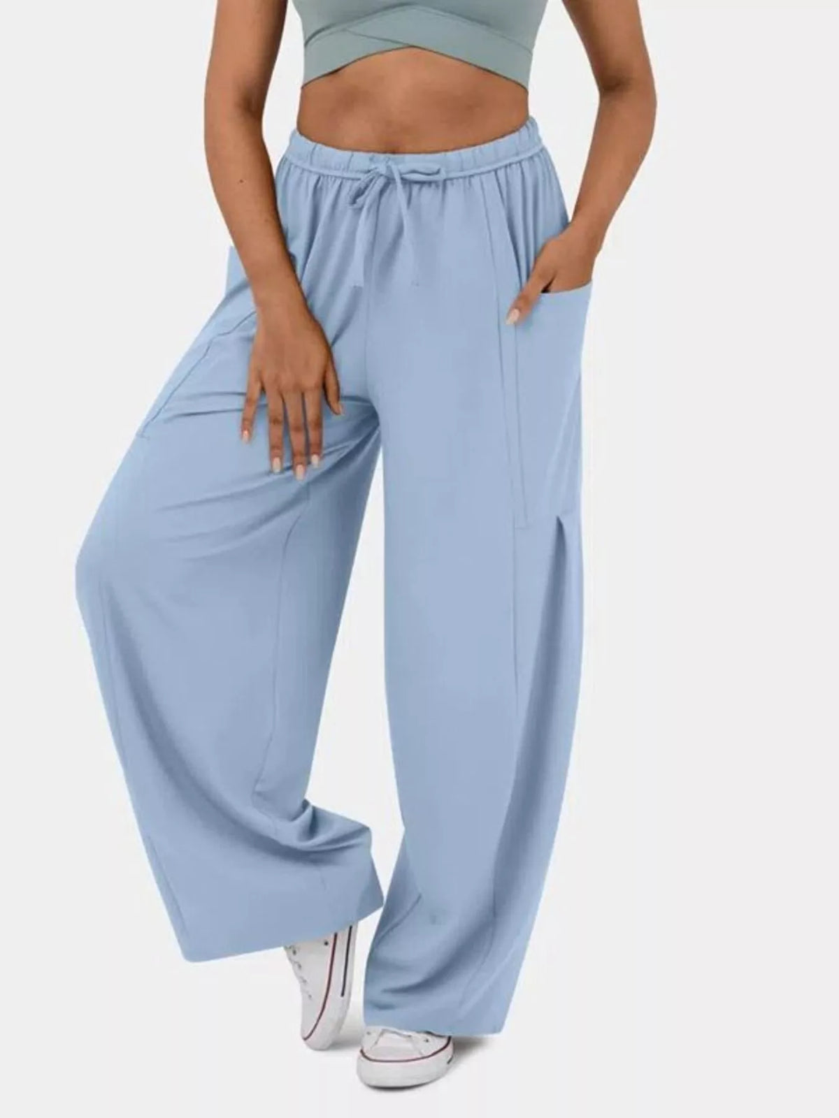 High waisted wide leg drawstring pants front view