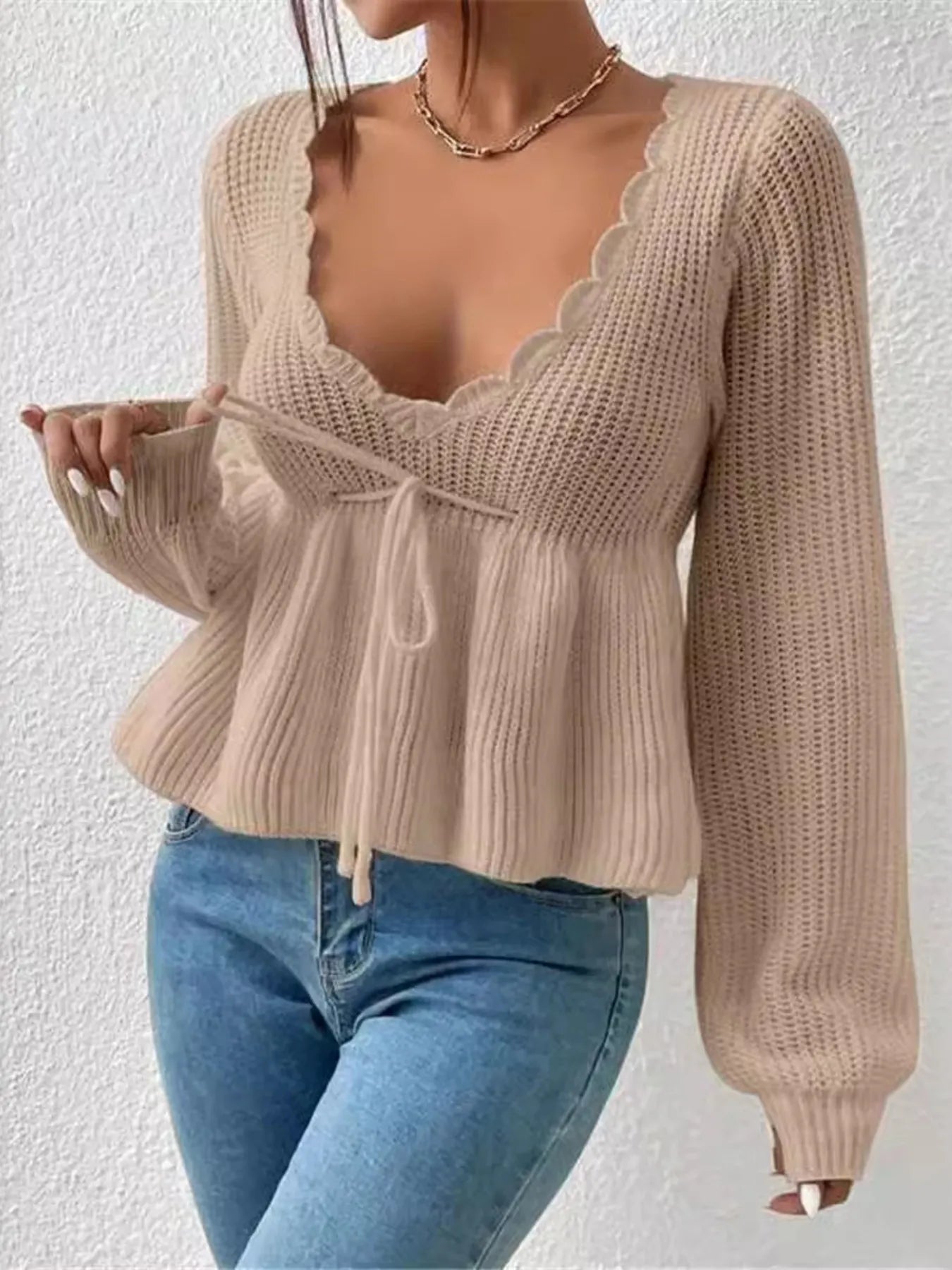 Scalloped V-Neck Drawstring Knit Top - Fashorio