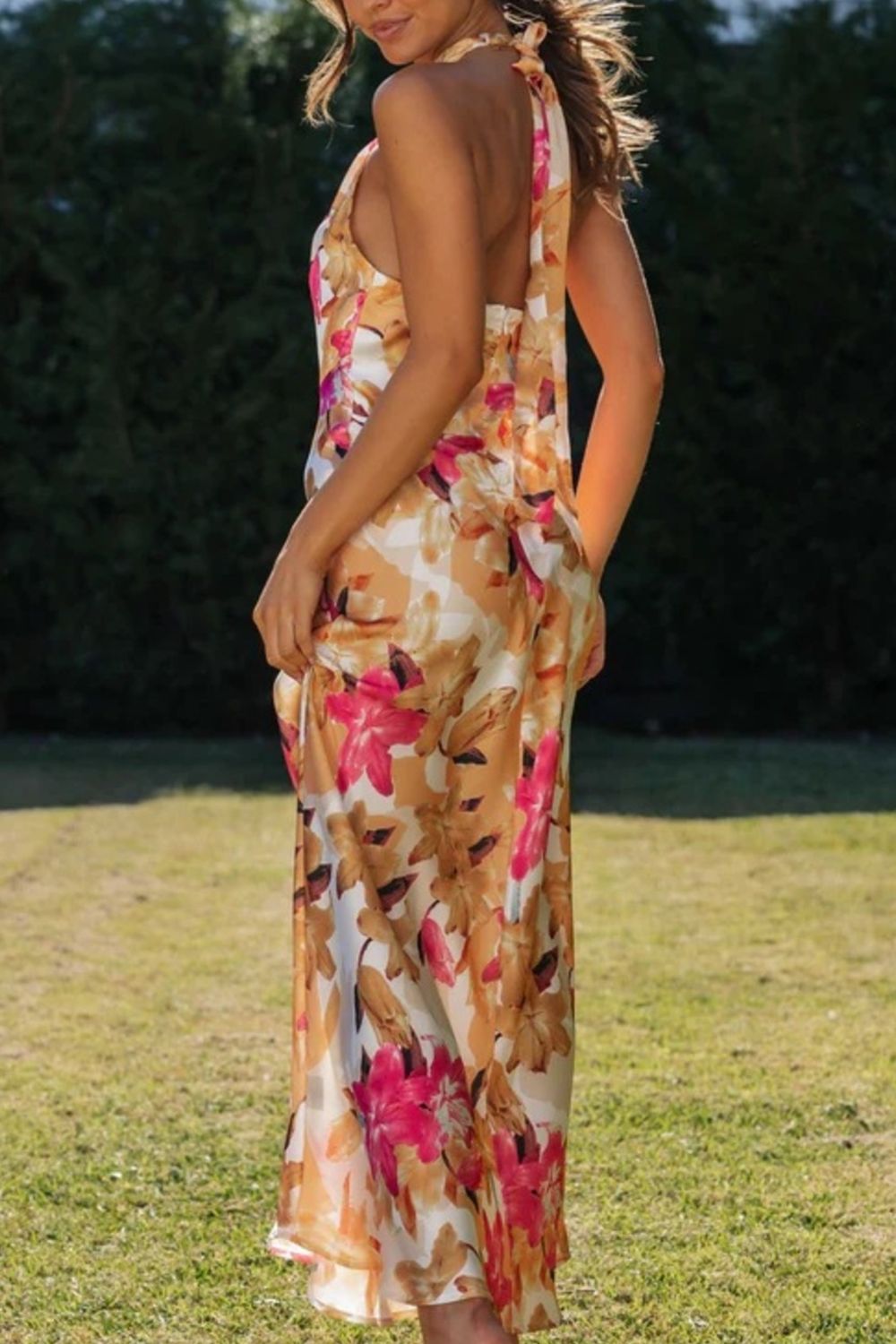 floral halter neck maxi dress with leg slit side view