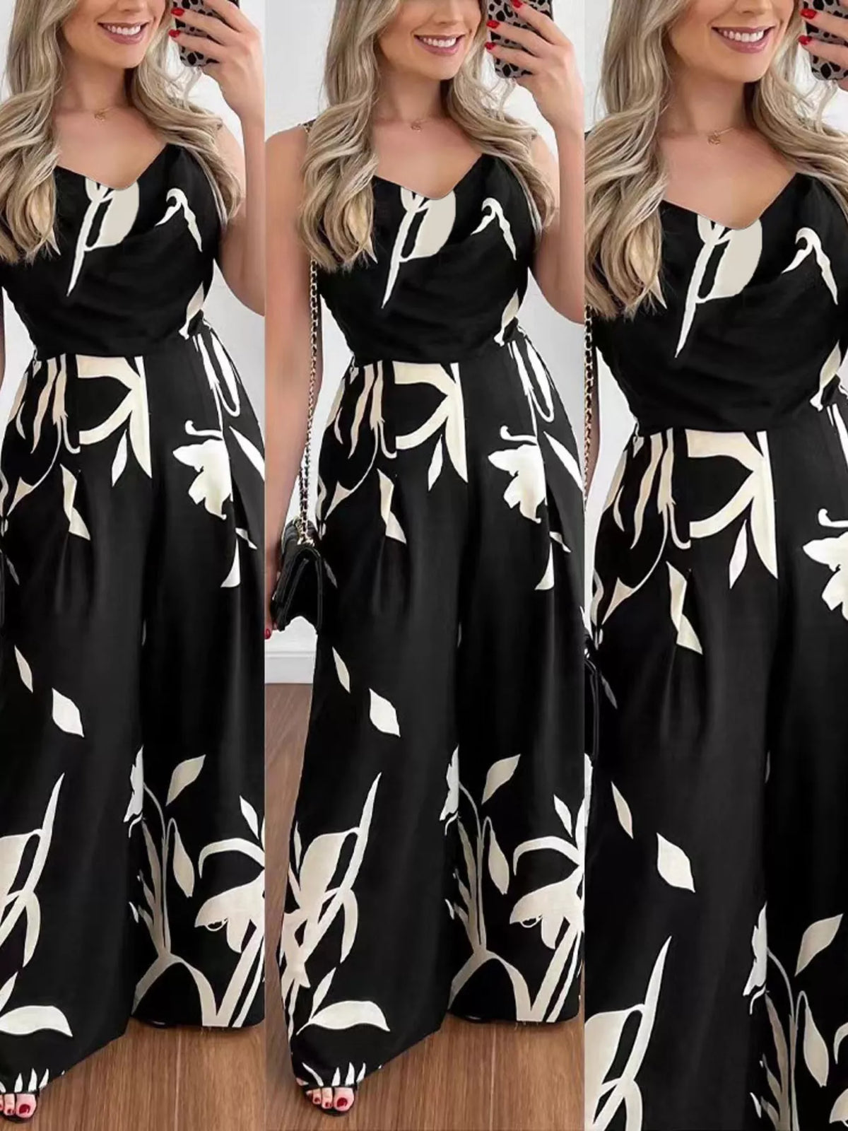 Wide leg spaghetti strap jumpsuit in solid colour full length view
