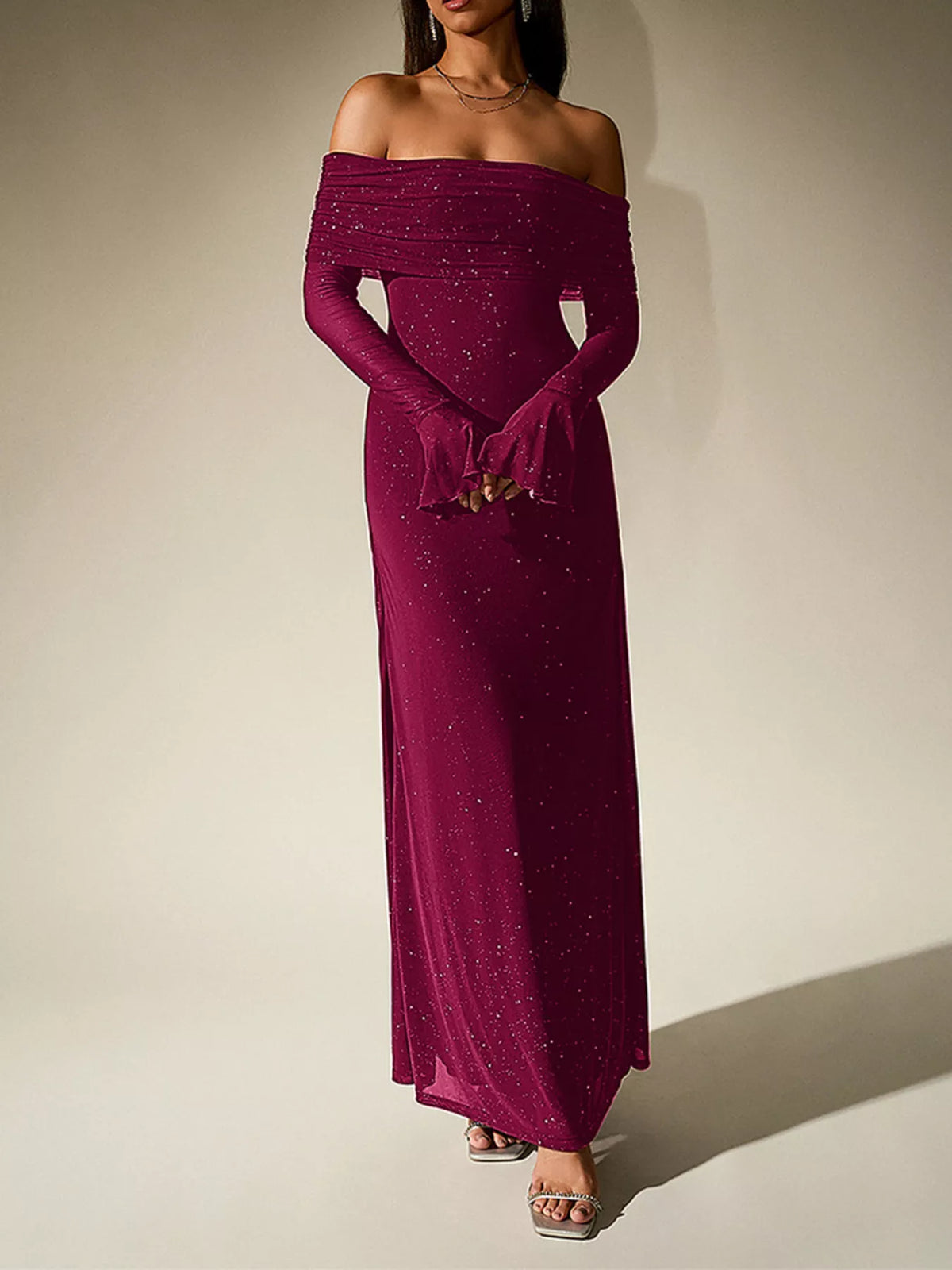 glitter off shoulder maxi dress detail view 24