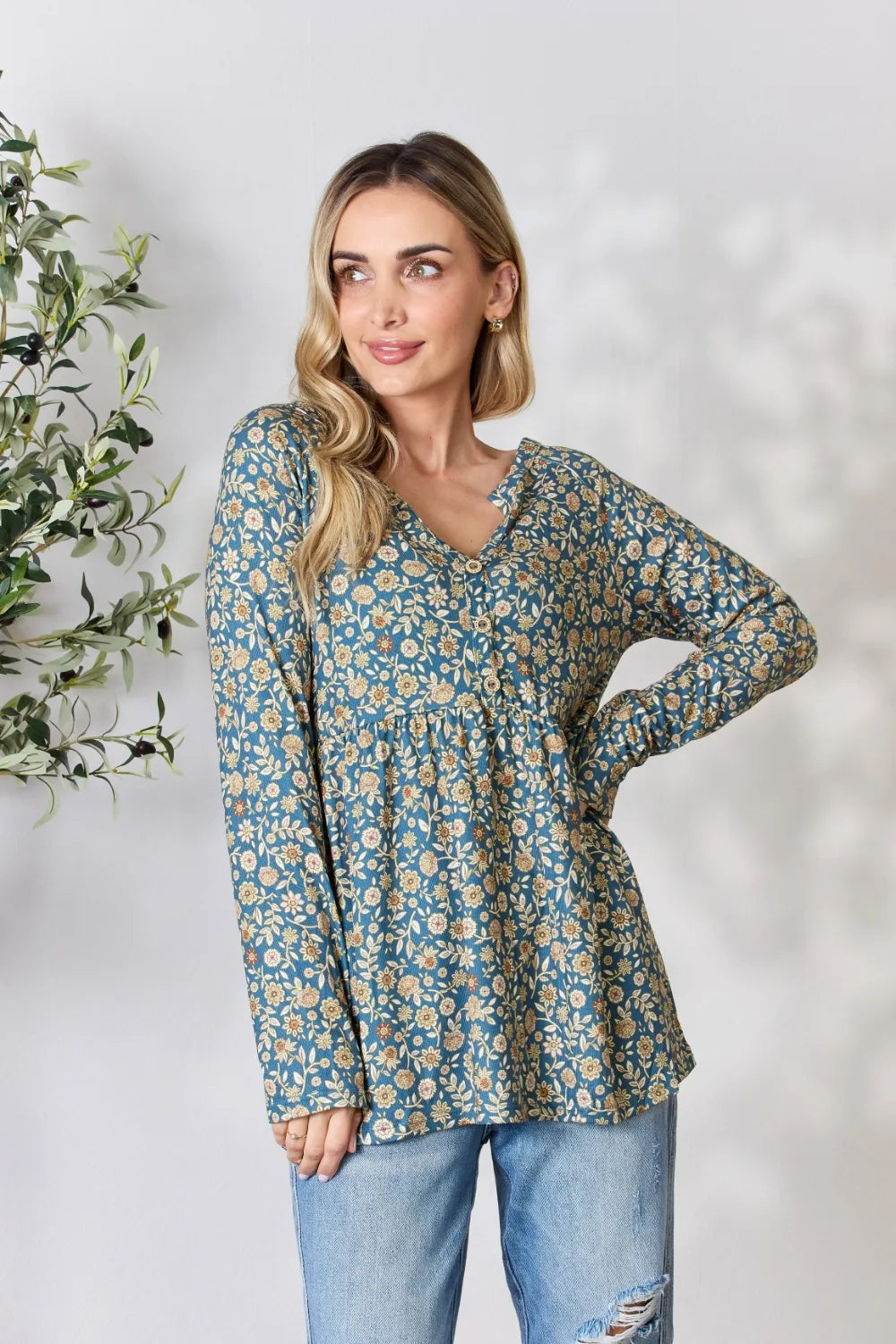 Heimish Full Size Floral Half Button Long Sleeve Blouse Dusty Teal Multi - Fashorio