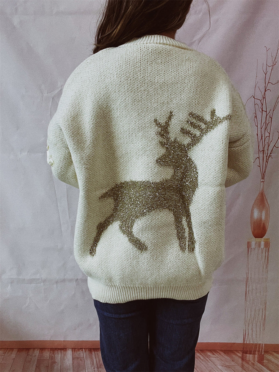 Reindeer Round Neck Long Sleeve Sweater - Fashorio
