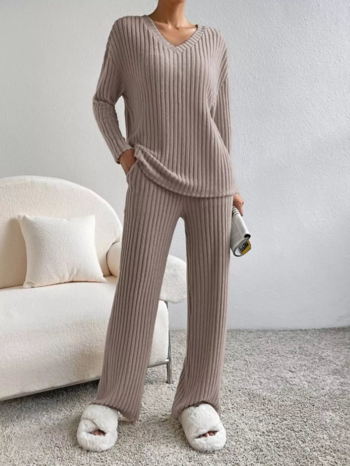 Ribbed Knit V Neck Top and Pants Set, view 13