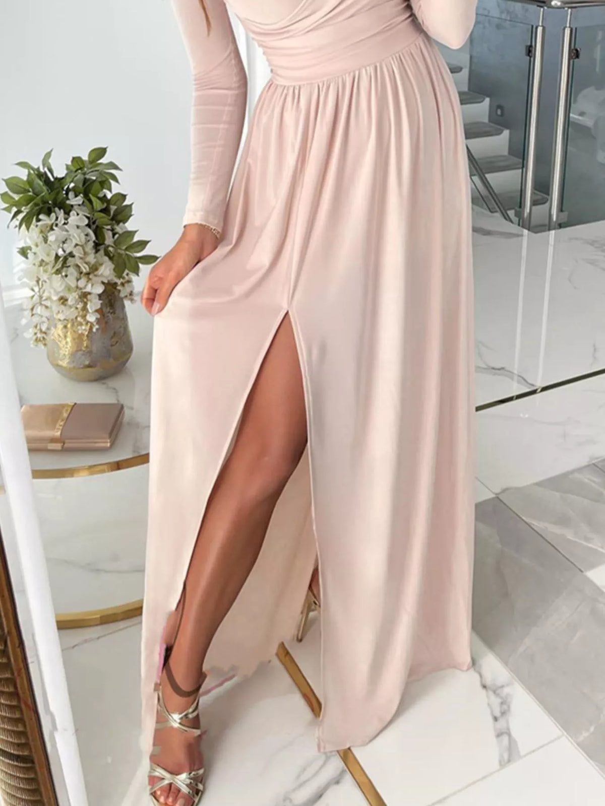 Slit surplice cold shoulder maxi dress side view