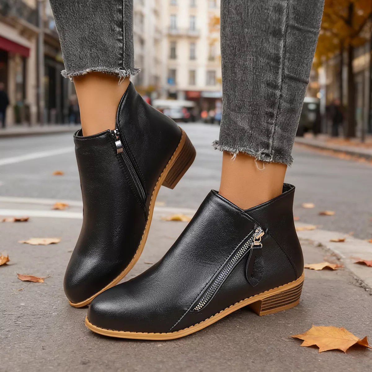 Side zip block heel boots front view