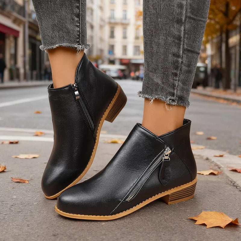 Side zip block heel boots front view