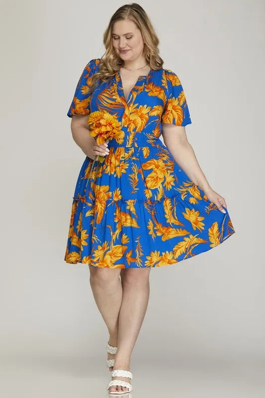 Printed Notched Short Sleeve Frill Tiered Dress on model