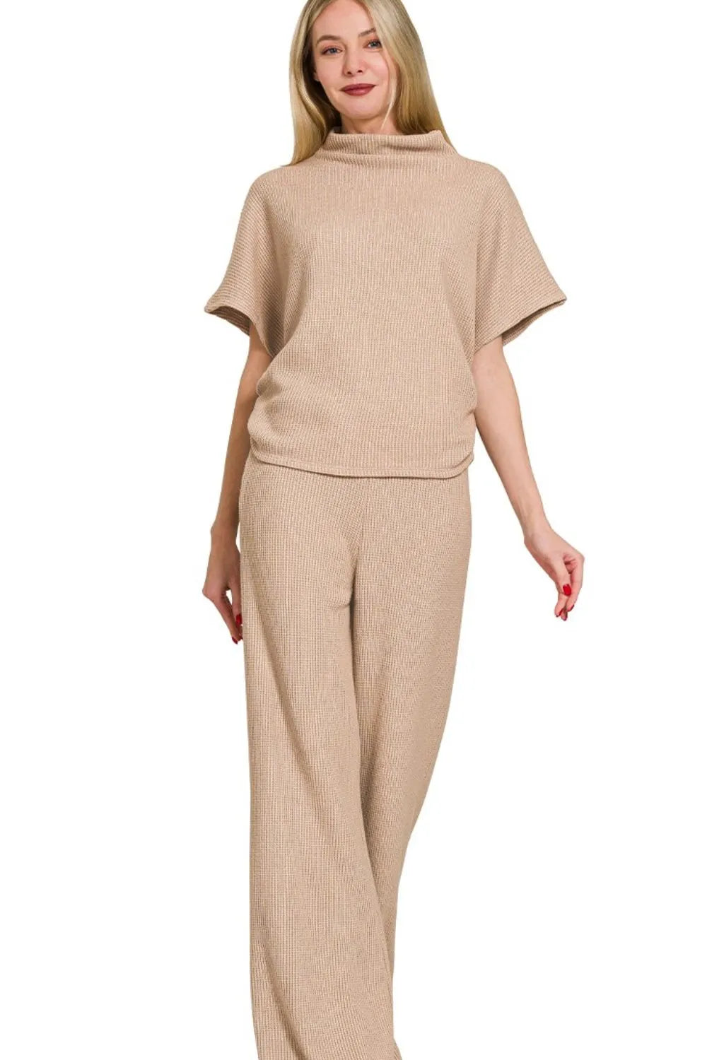 Zenana Sweater Mock Neck Top & Long Pants Set LT MOCHA - Fashorio
