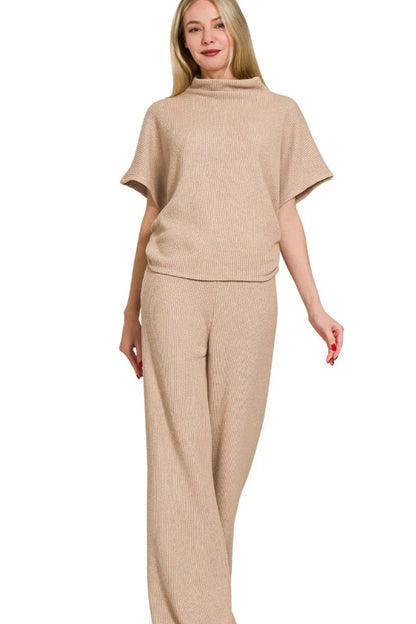 Zenana Sweater Mock Neck Top & Long Pants Set LT MOCHA - Fashorio