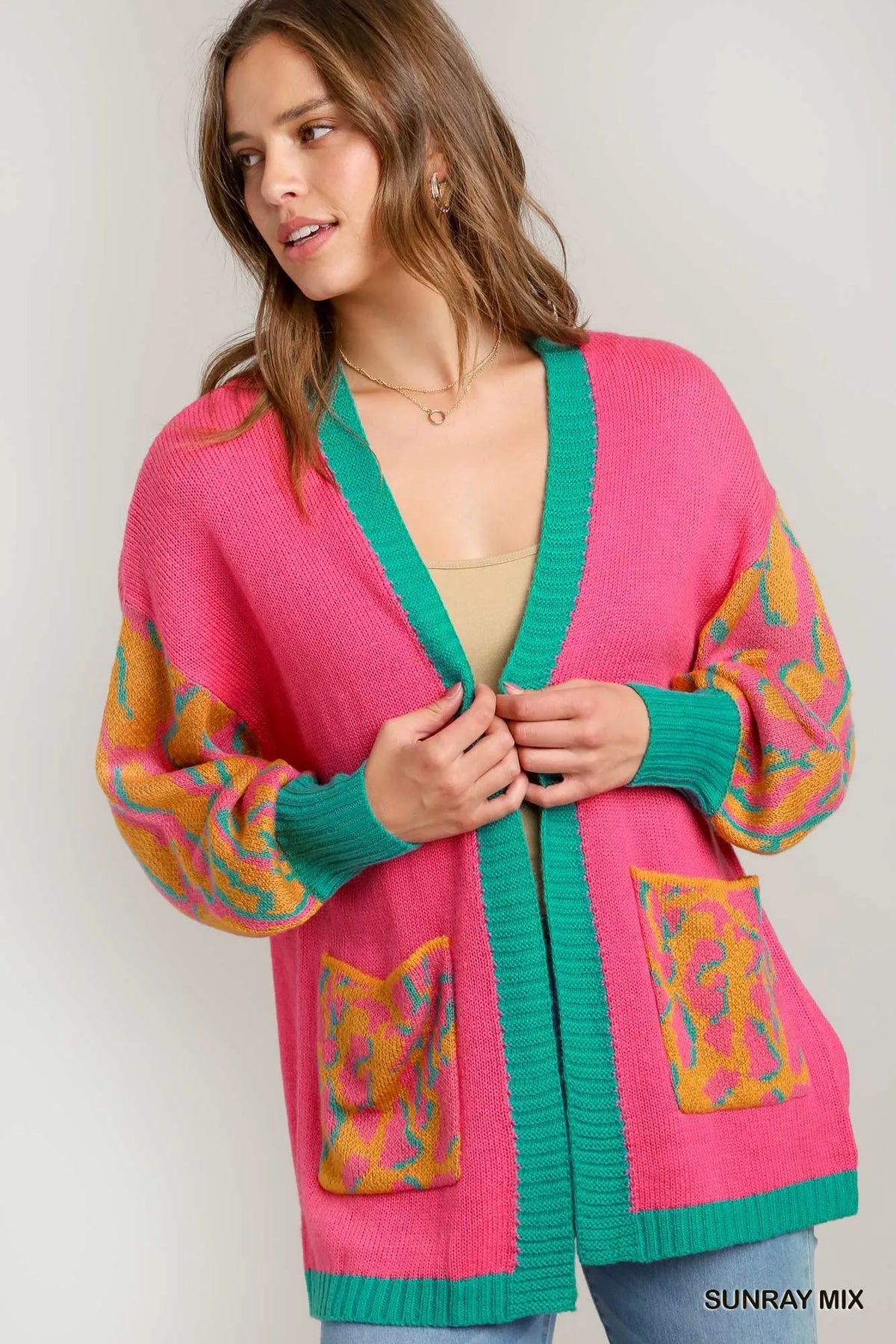 Animal Print Open Front Cardigan in Sunray