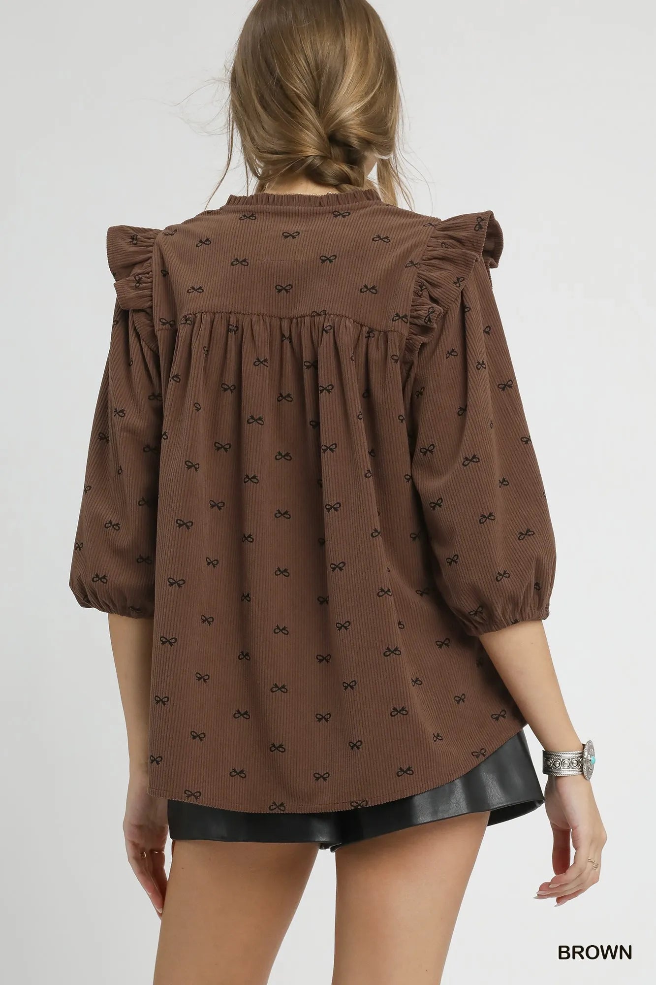 Umgee Bow Print Corduroy Puff Sleeve Blouse with Ruffled - Fashorio