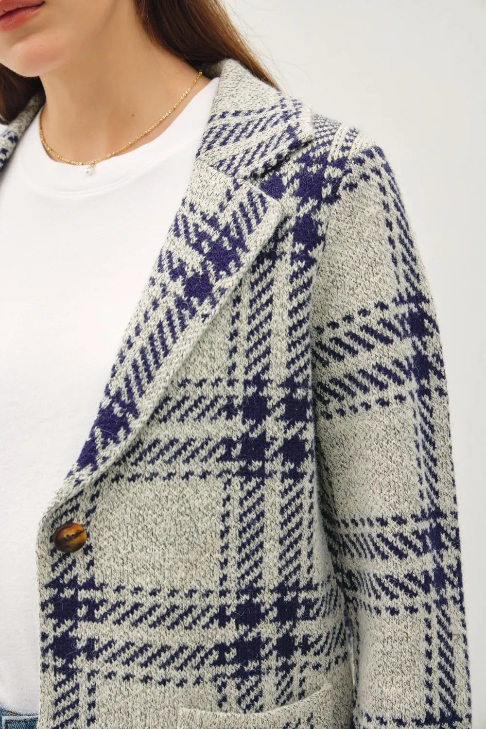 Plaid Button Front Sweater Jacket with Patch Pockets styled look