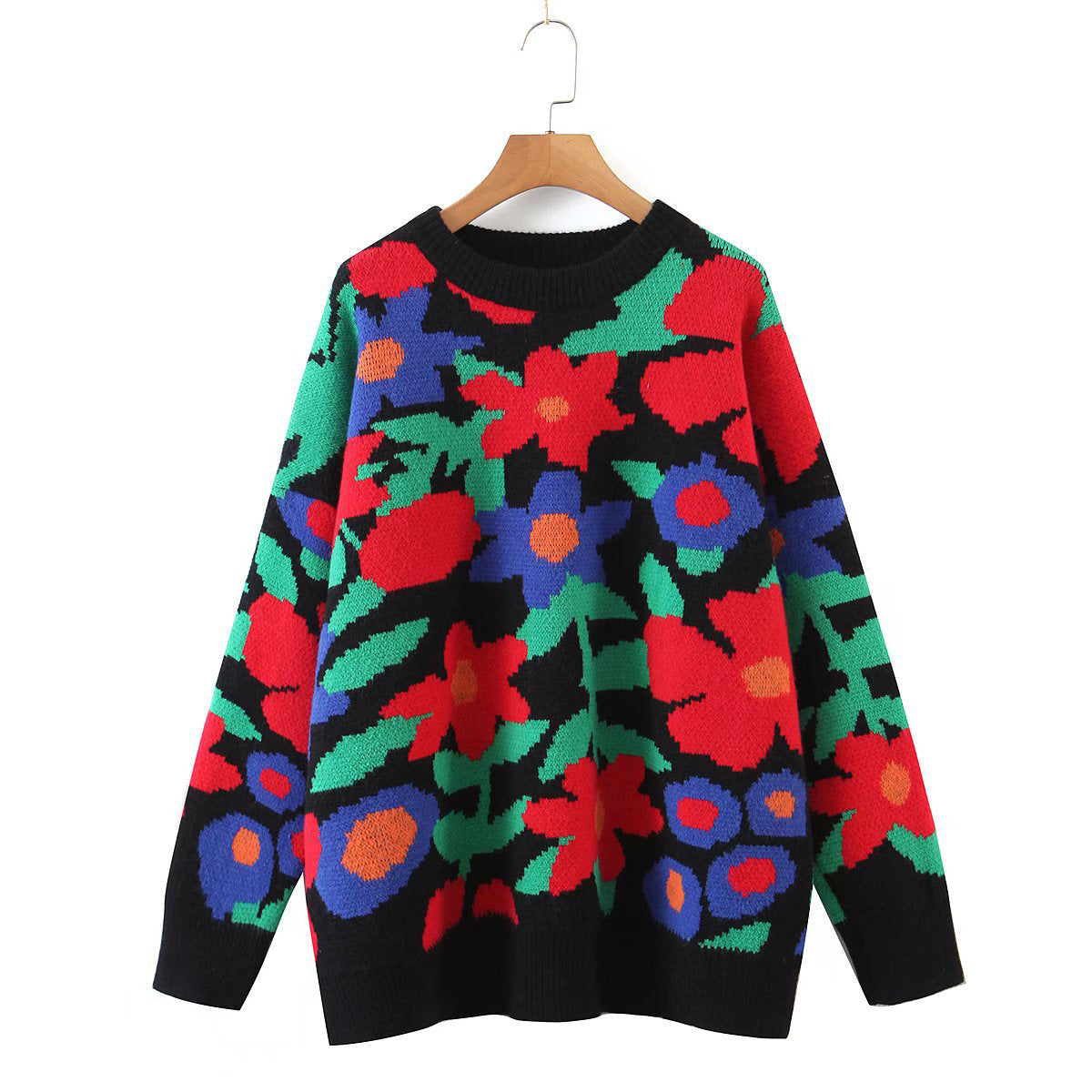 Floral Round Neck Drop Shoulder Sweater Black - Fashorio