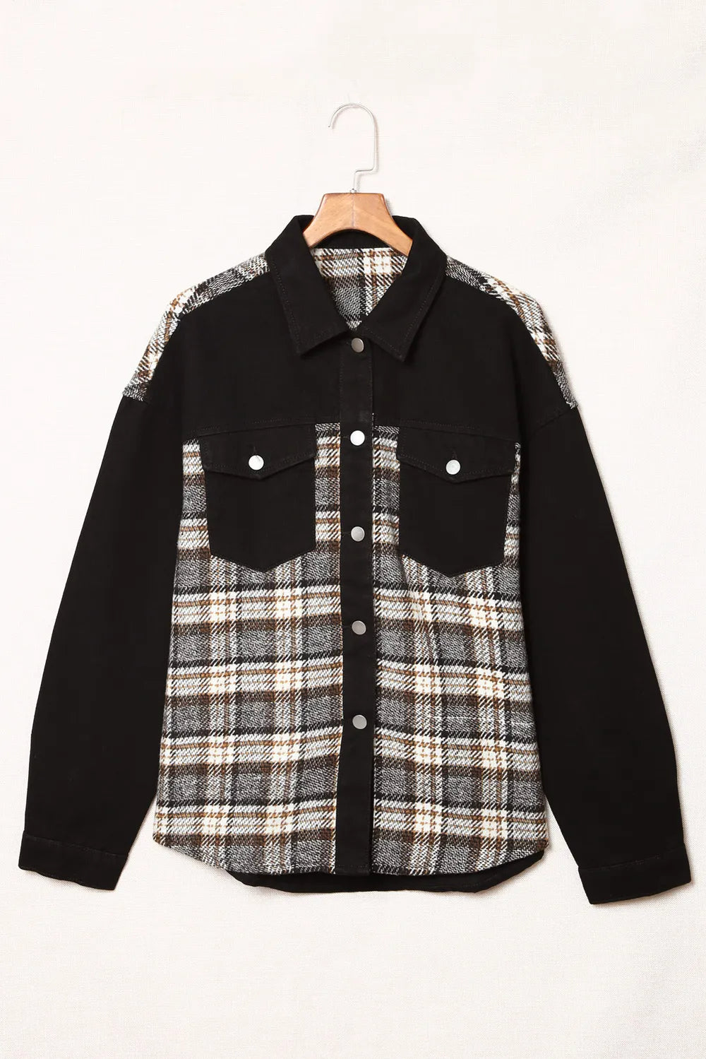 Plaid Pocketed Button Up Denim Jacket - Fashorio