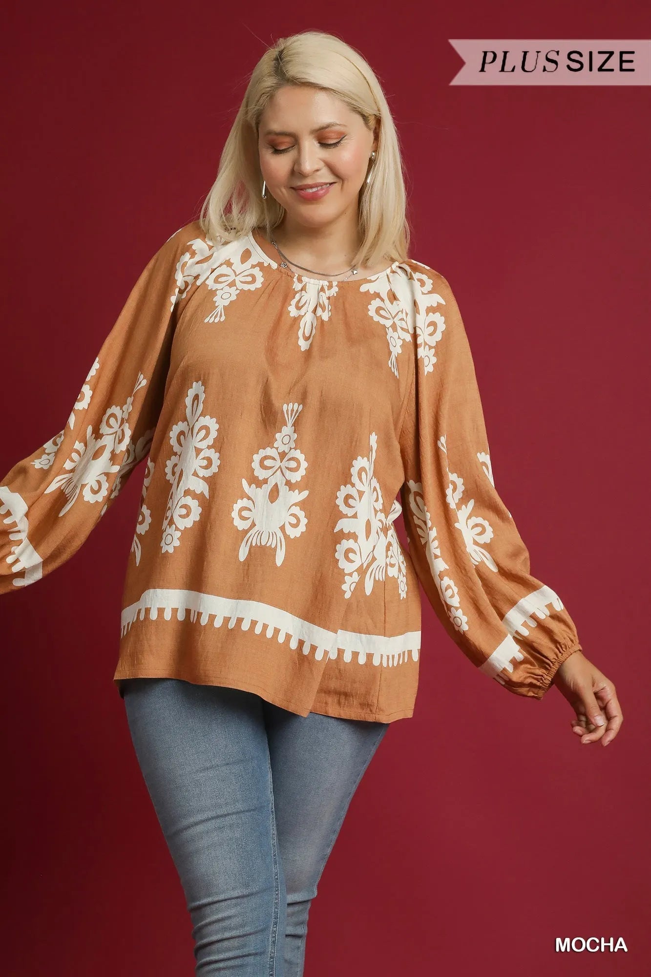 Umgee Full Size Two Tone Border Print Top with Balloon Sleeves Plus Size - Fashorio