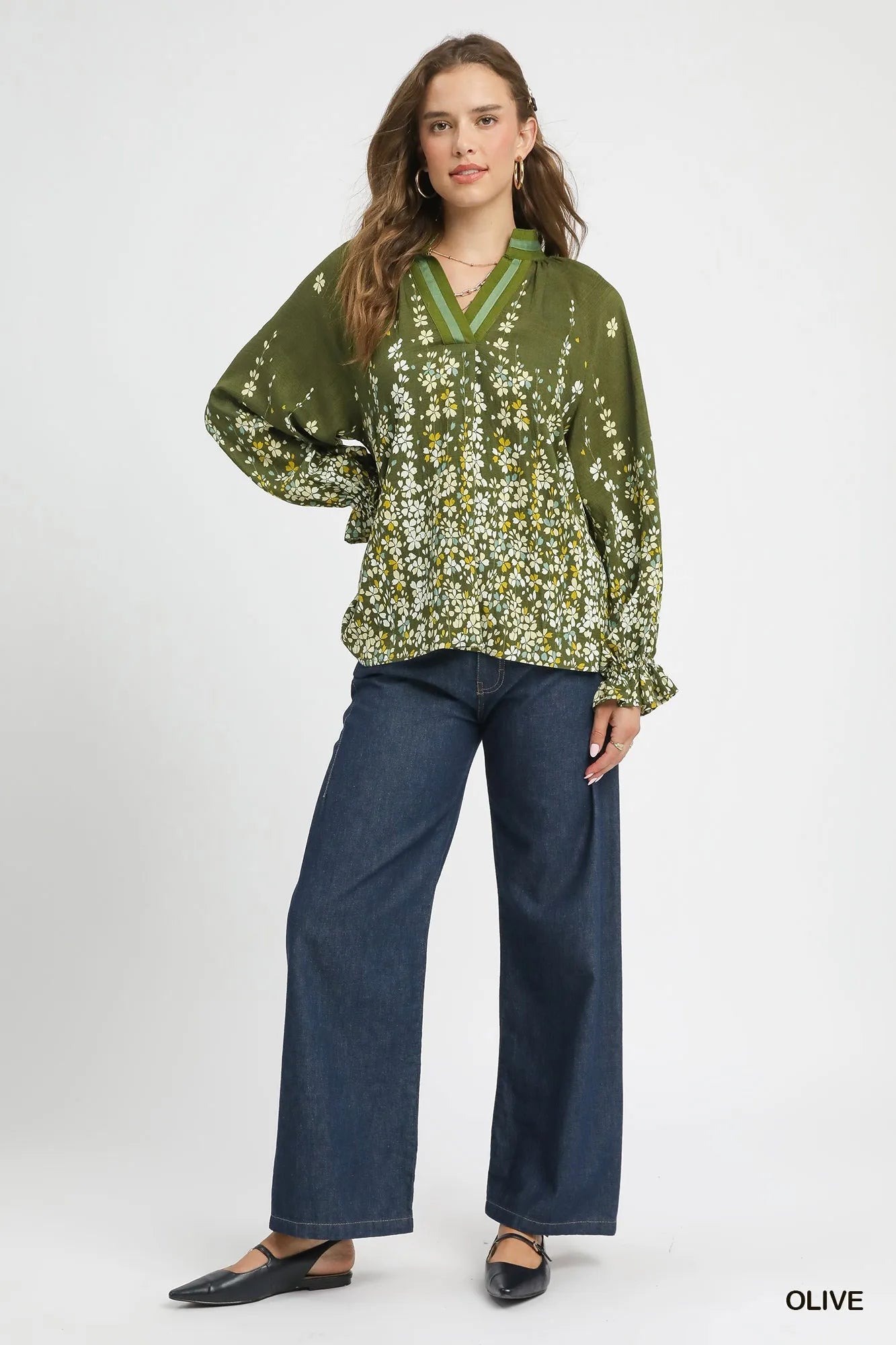 Umgee Floral Vine Print Blouse with Balloon Sleeves - Fashorio