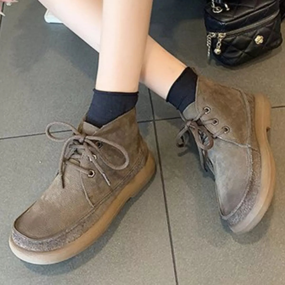 Round Toe Lace Up Ankle Boots angled view