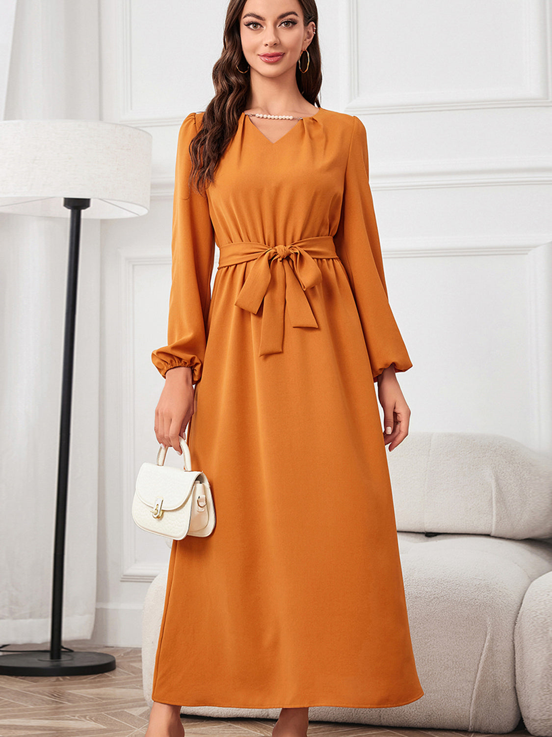 Tie Waist Puff Sleeve Maxi Dress - Fashorio