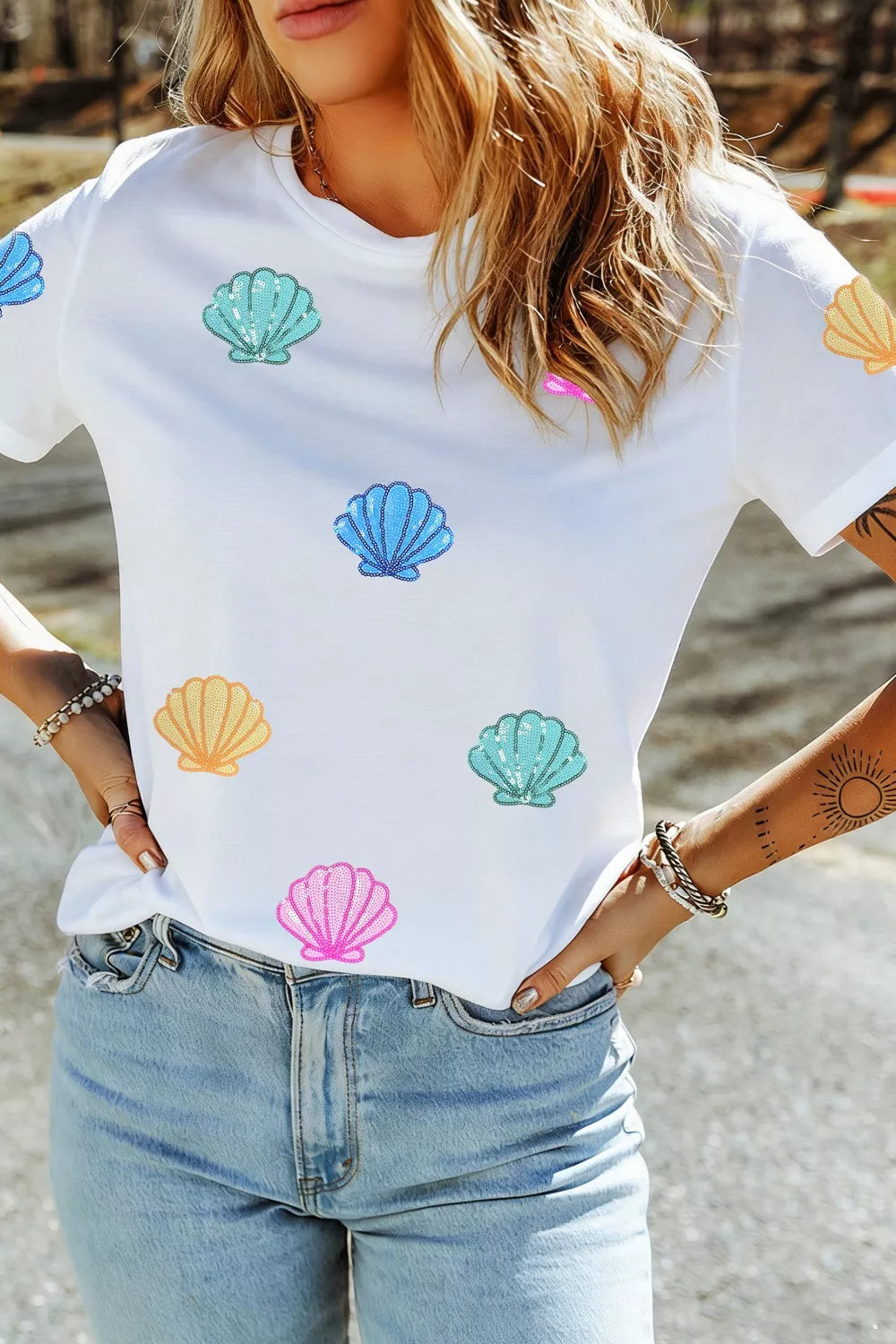 White sequin shell graphic short sleeve tee front view