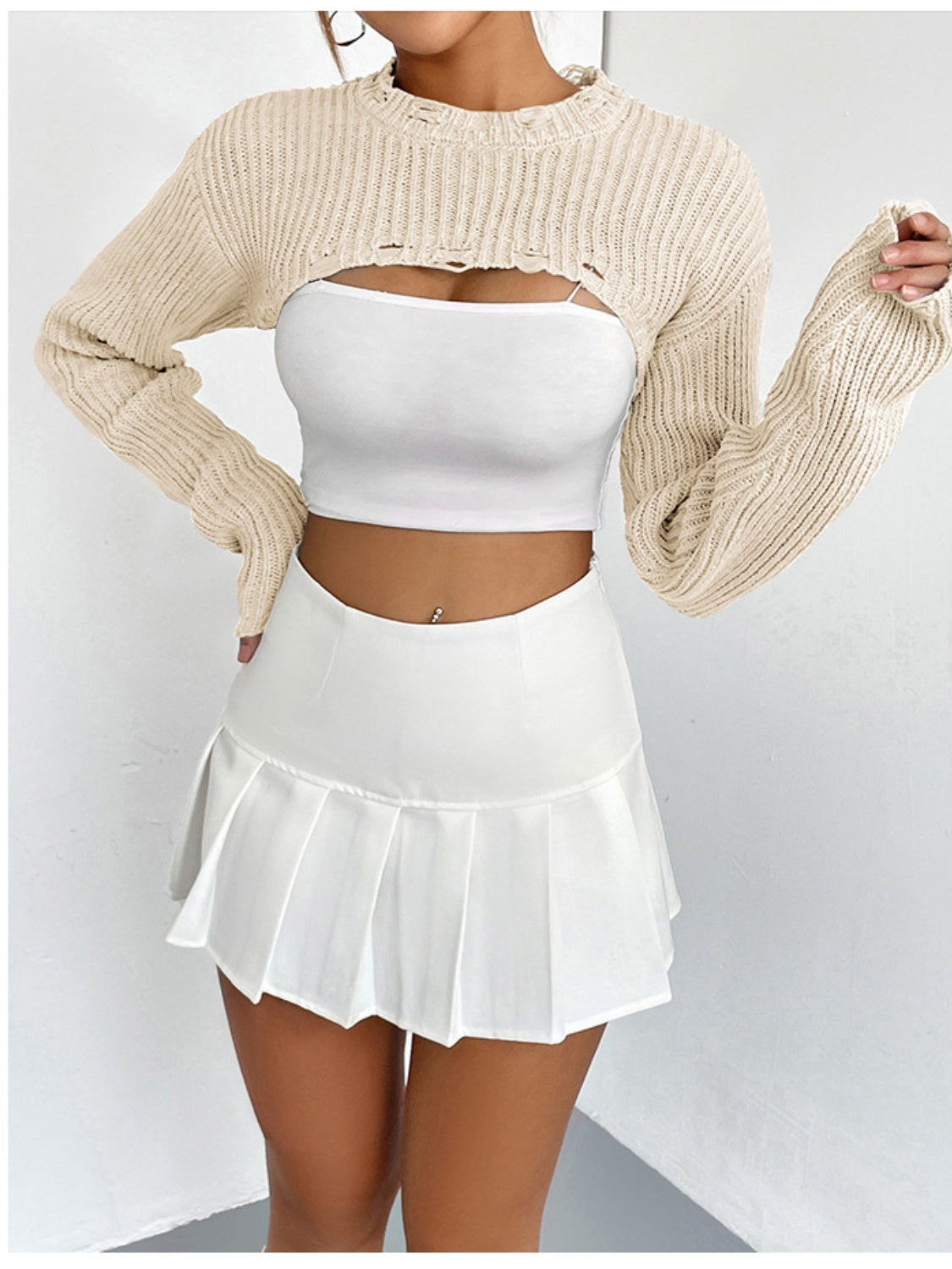 Distressed Long Sleeve Cropped Sweater Cream - Fashorio