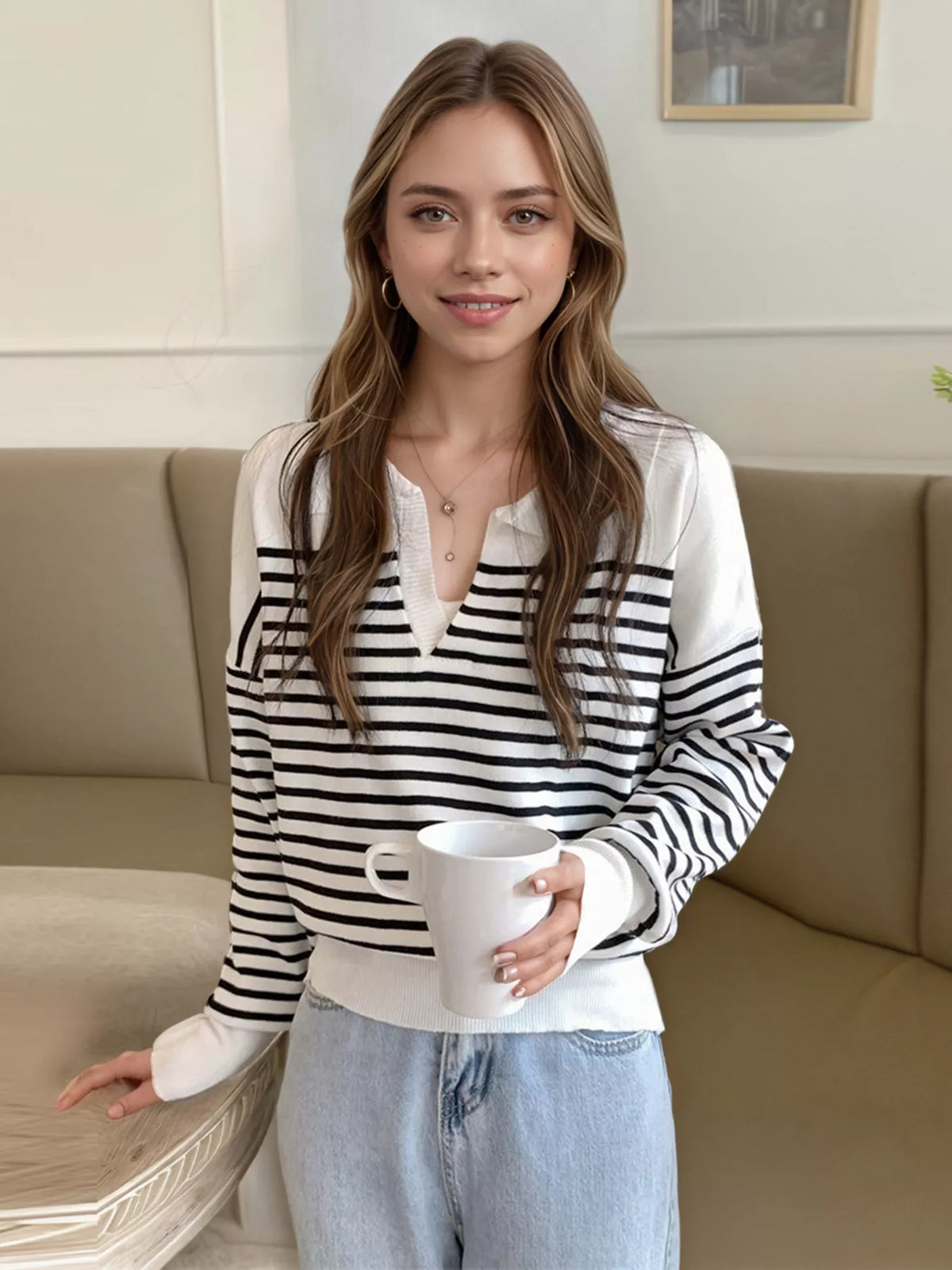 Striped long sleeve knit top, front view