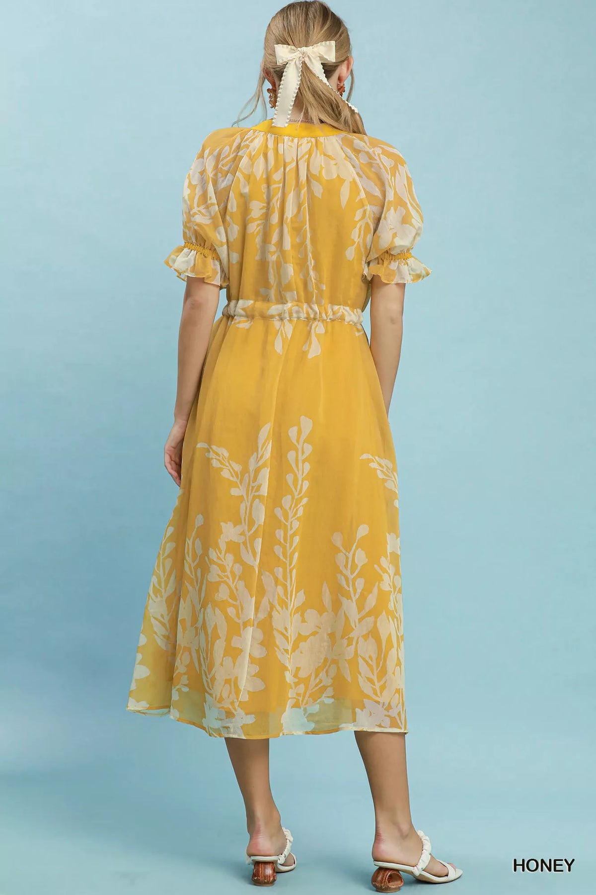 Honey floral midi dress tie waist belt detail