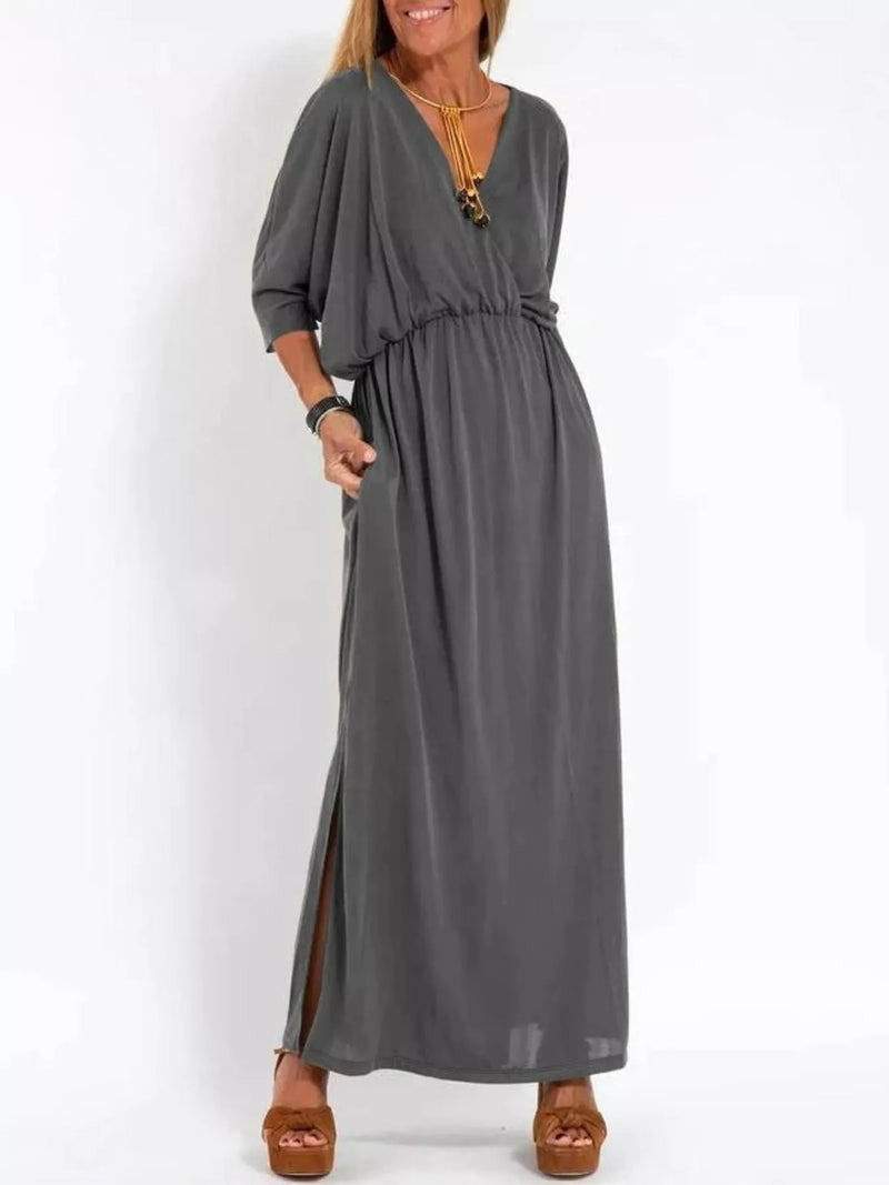 V neck batwing sleeve side slit plus size maxi dress front view