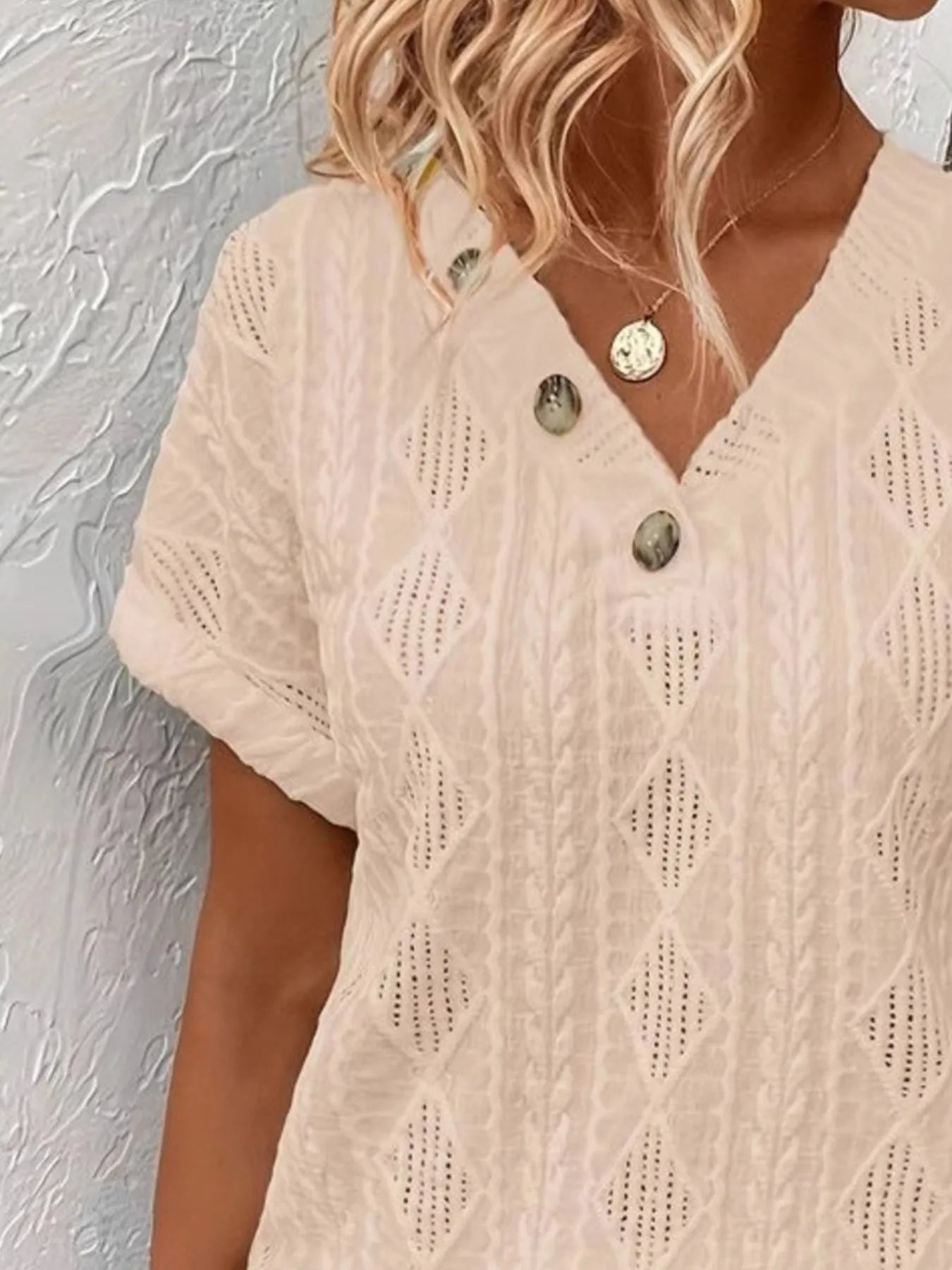 Textured V-Neck Short Sleeve Top - Fashorio