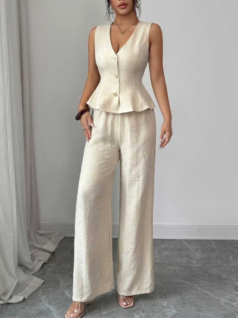 Sleeveless peplum top and wide leg pants set in apricot front view