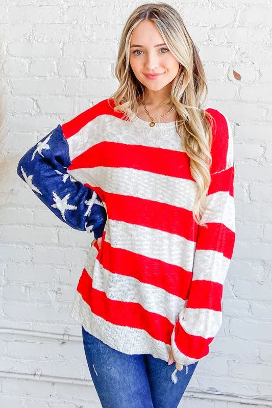 American Flag Long Sleeve Sweater in Red and Navy view 7