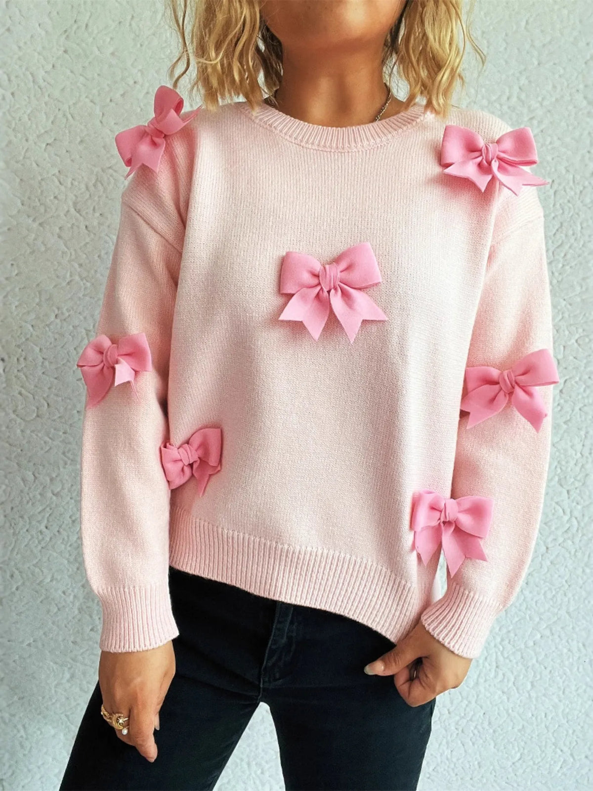 Bow round neck long sleeve sweater full length view