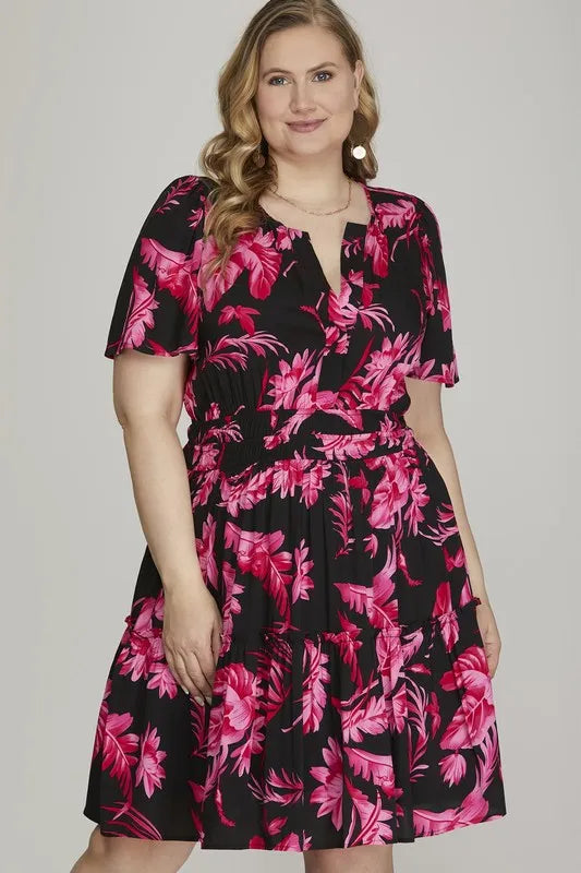 Printed Notched Short Sleeve Frill Tiered Dress side view