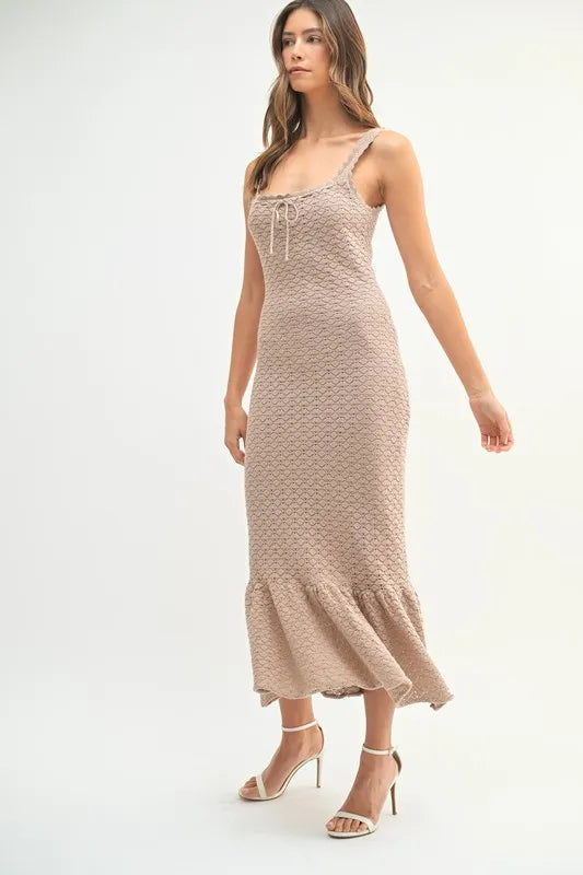 MABLE Ruffled Hem Sleeveless Crochet Knit Midi Dress - Fashorio