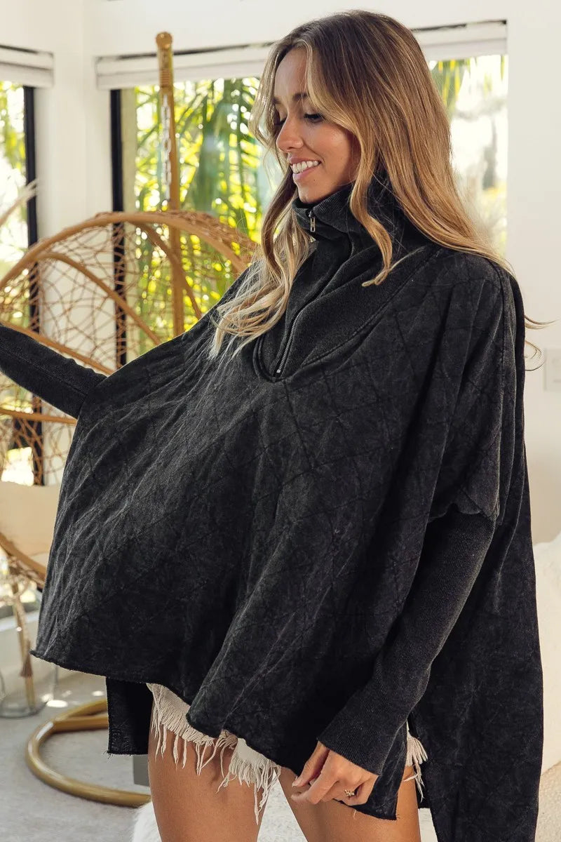 BiBi Vintage Washed Quilted Half Zip Top - Fashorio