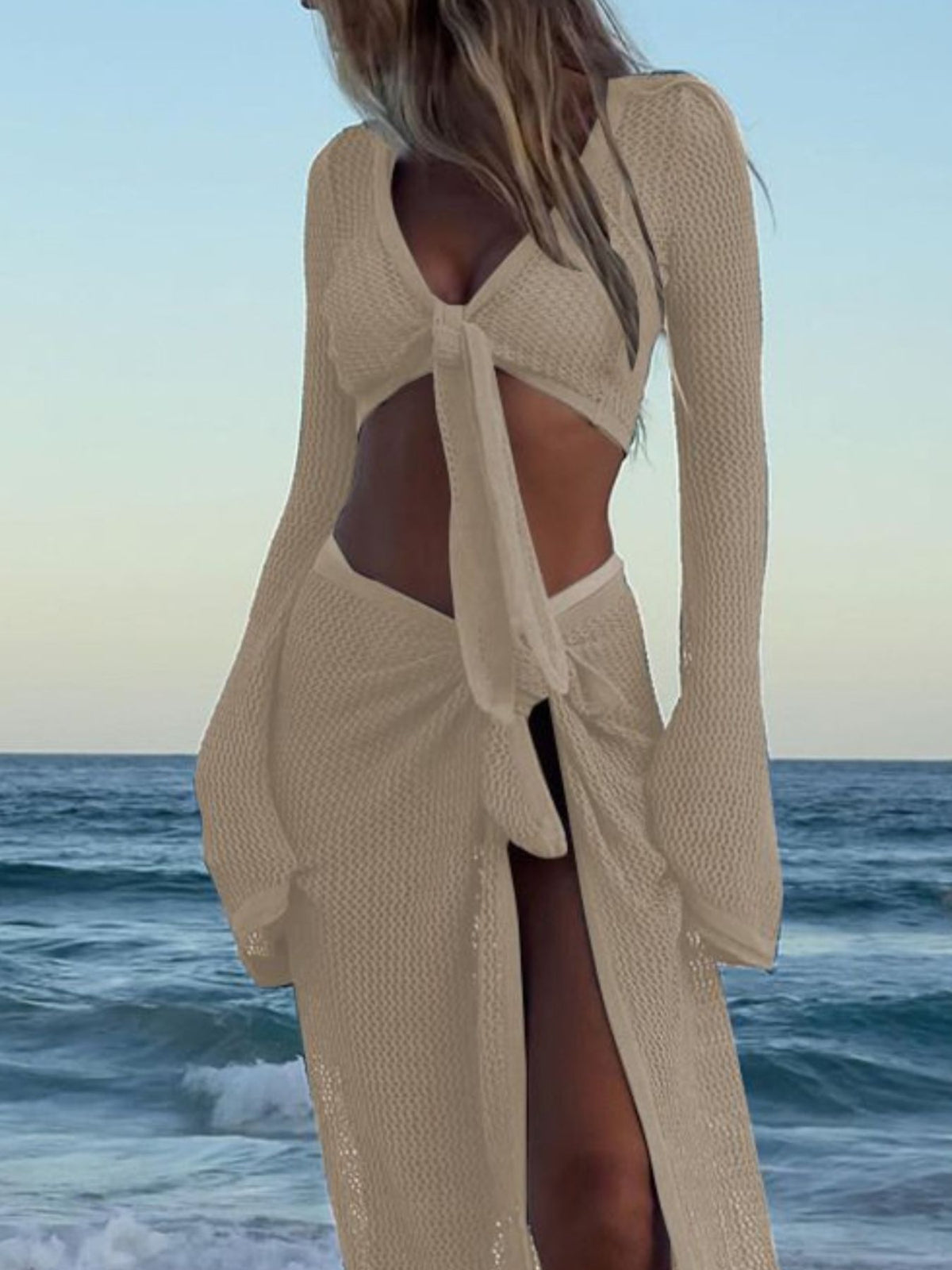 Crochet Knit Crop Top and Slit Skirt Set, view 8