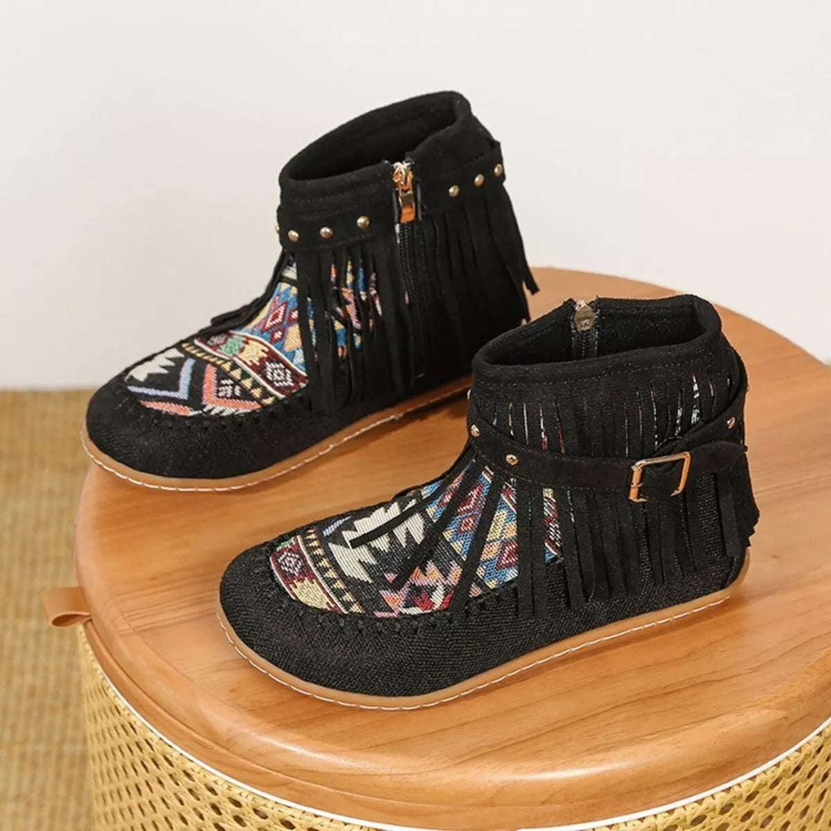 Fringe side zipper ankle boots, back view