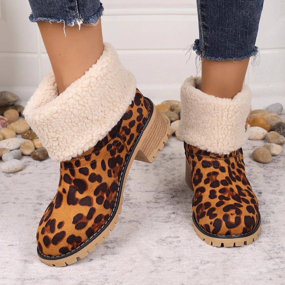 Leopard block heel fuzzy boots back heel view