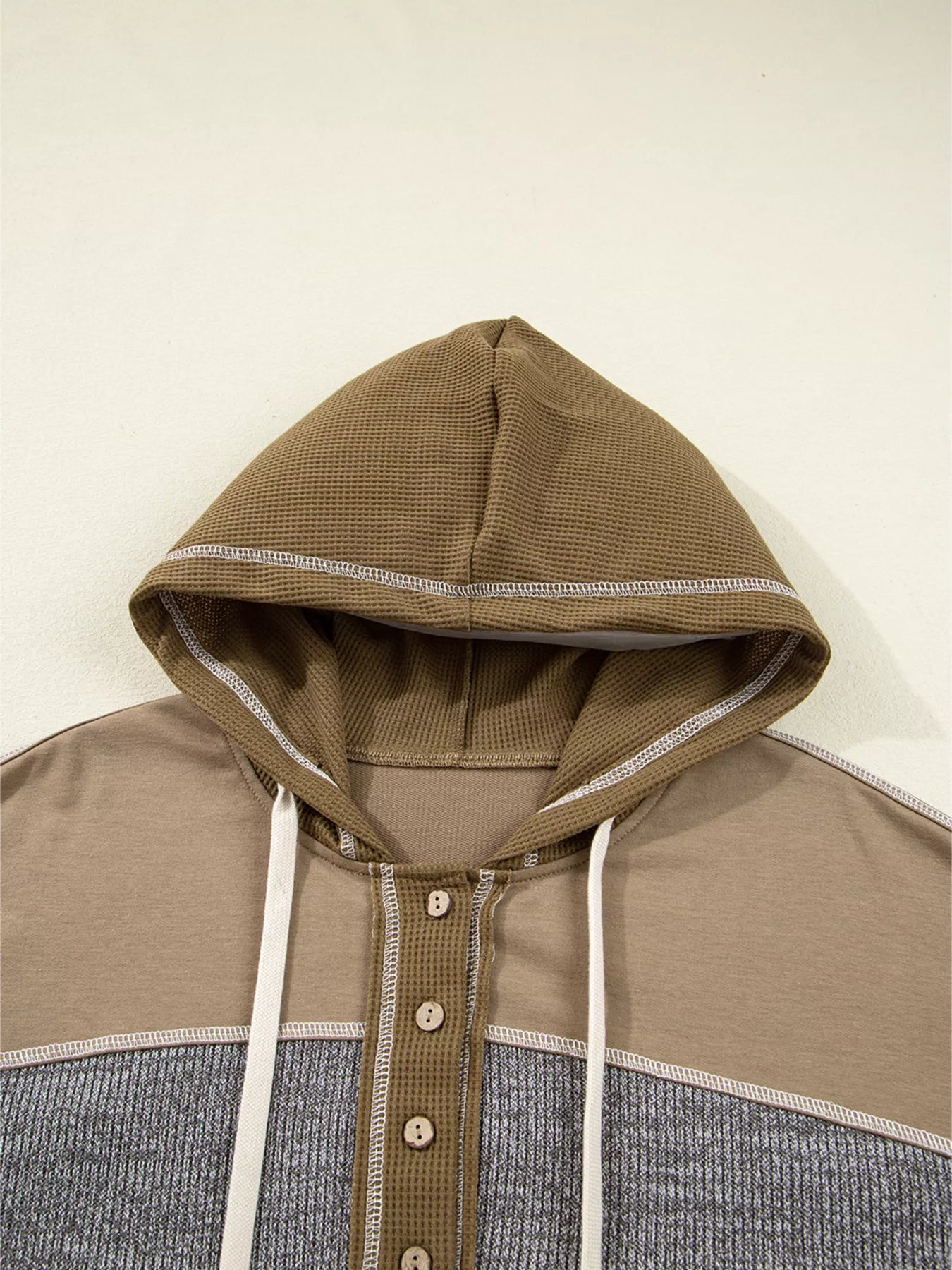 Mixed Texture Patchwork Exposed Seam Half Button Hoodie - Fashorio