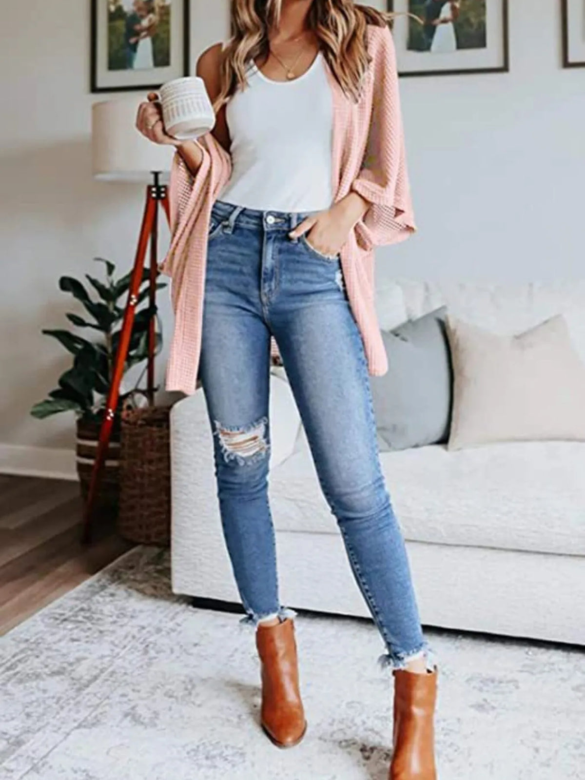 waffle knit open front plus size cardigan side view