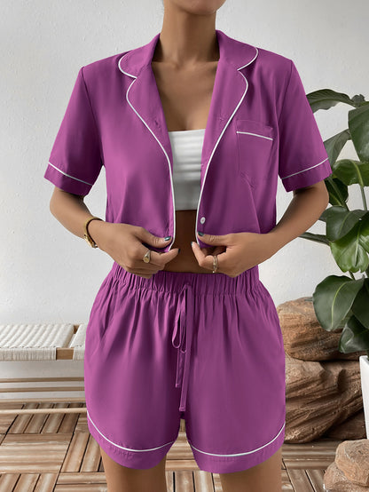 Ivy Lane Contrast Lapel Collar Cropped Shirt and Shorts Lounge Set - Fashorio