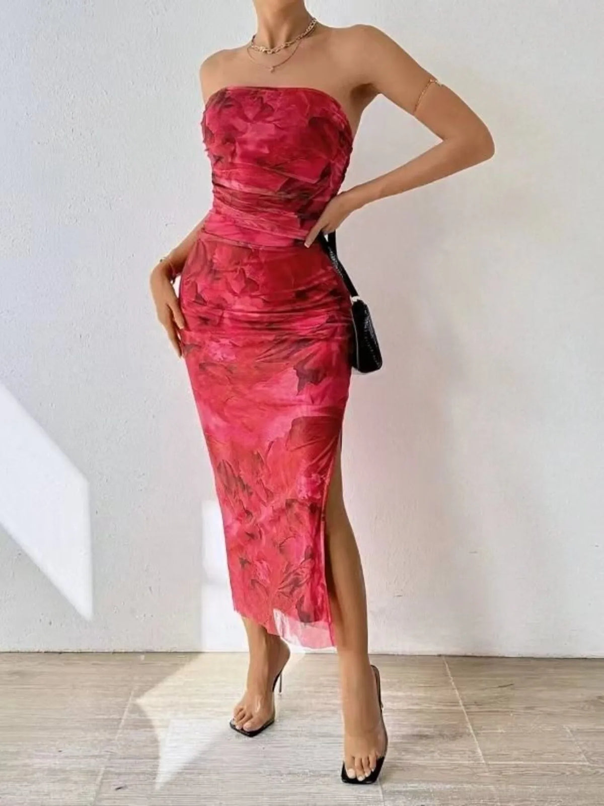 Printed side slit tube maxi dress front view