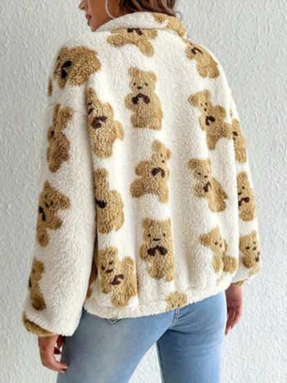 Bear Print Fleece Zip Up Outerwear - Fashorio